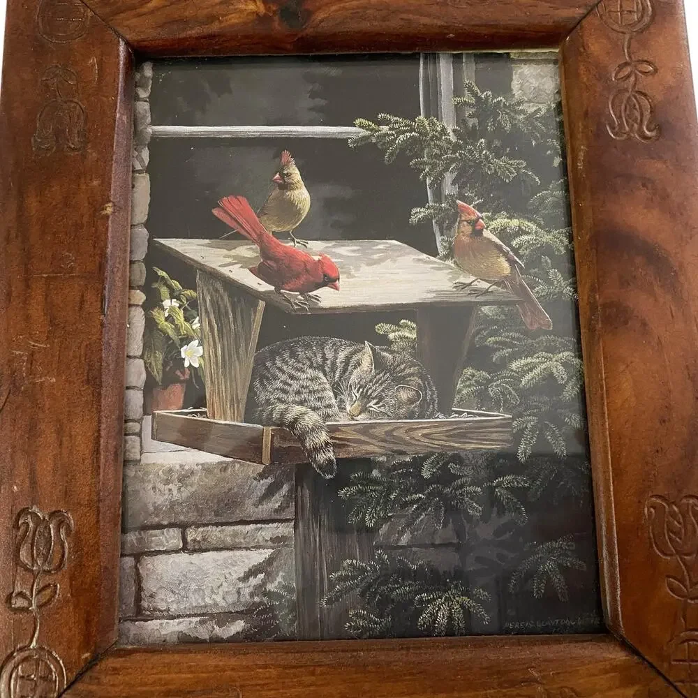 Vintage Carved Wood Frame Cat Birds Print Persis Clayton Weirs 90s Country 1992